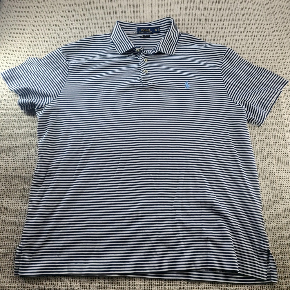 Polo Ralph Lauren Polo Shirt Mens XL Blue Striped Pima‎ Soft Touch Short Sleeve